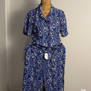 H&M Blue and White Leaf Print Jumpsuit